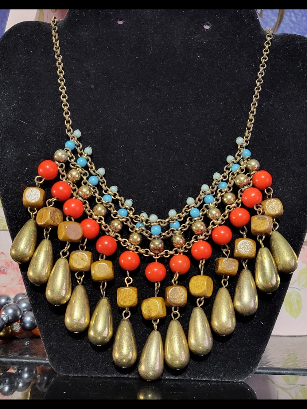 22" Statement Multi-Row Beaded Bib Necklace in Red, Turquoise and Gold